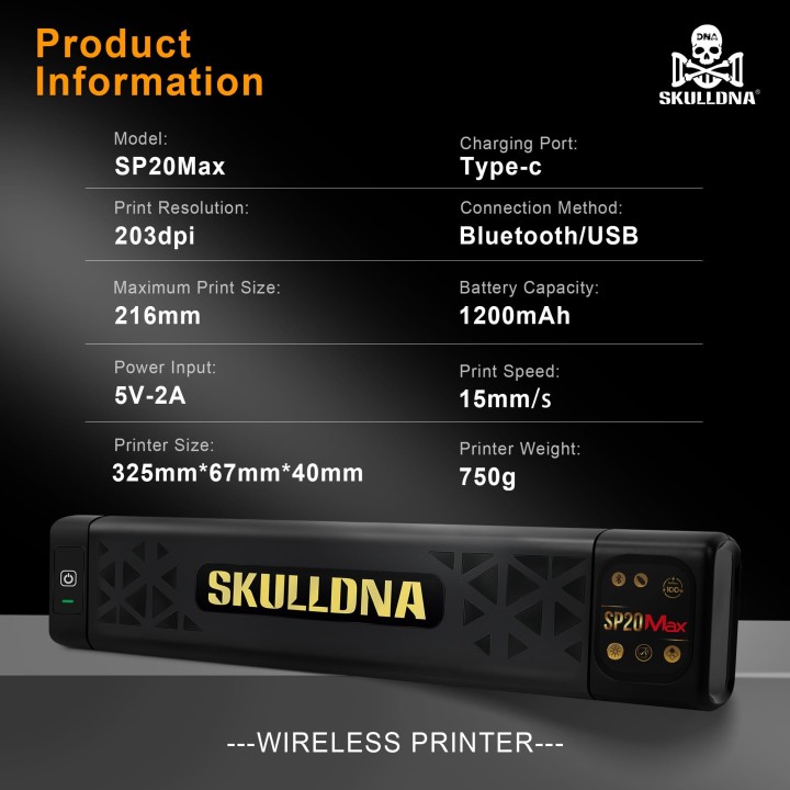 SKULLDNA SP20 MAX | Impresora Portátil con Pantalla Táctil 203 DPI