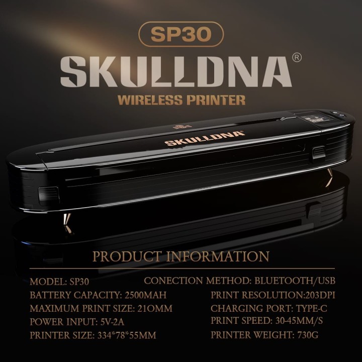 SKULLDNA SP30 | Impresora Portátil Rápida 30–45 mm/s Bluetooth/USB