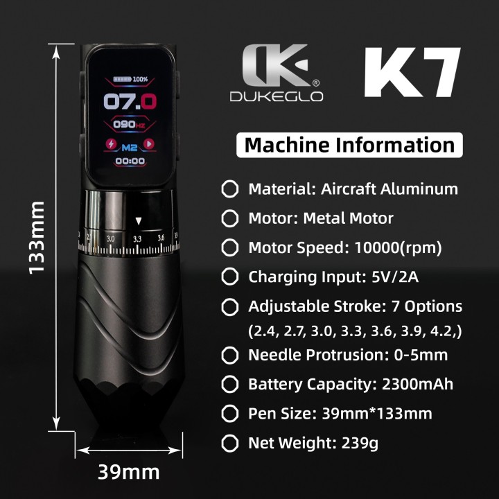 DUKEGLO K7 | Máquina de Tatuar Inalámbrica 7 Strokes 10.000 RPM