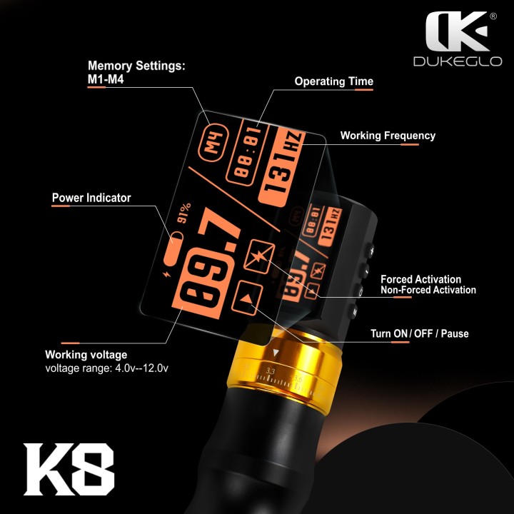 DUKEGLO K8 | Máquina de Tatuar Inalámbrica 7 Strokes Profesional